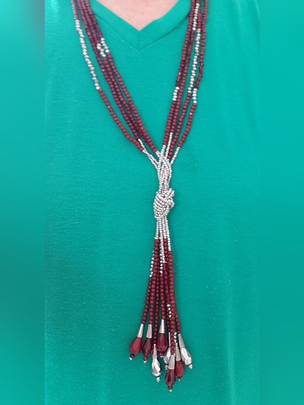 Intricate Indian Handmade Beaded Necklace, Wine & Silver W/crystals, Extra Long.